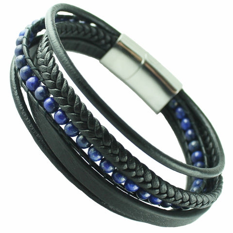 Black leather with blue beads macrame bracelet