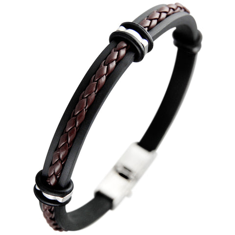 Rubber bracelet brown leather braid steel accents