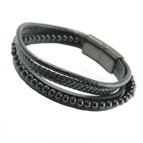 Black leather with black beads multi string bracelet black steel clasp
