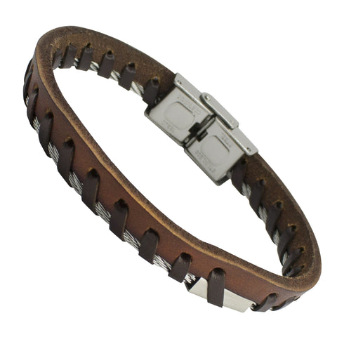Stainless steel cable with brown leather bracelet