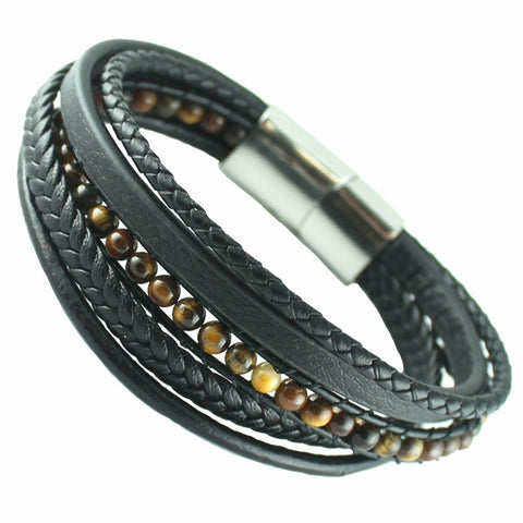 Black leather with tiger eye beads macrame bracelet