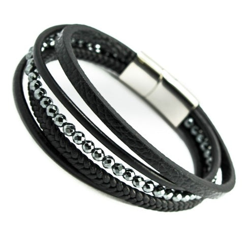 Black leather with hematite beads bracelet