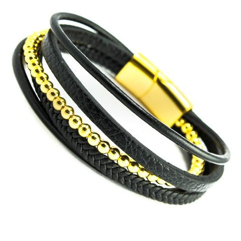 Black leather with gold color beads multi string bracelet